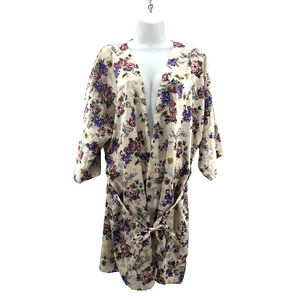 Vintage California Miss Robe Women Large Floral‎ Ivory Silky Damask Kimono